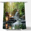 Сад Спа Растение Занавеска для душа Спа Зеленый Цветочный Водопад Черный Камень Вода Свечи Природа Японский Азиатский Отражение воды Расслабляющий Тканевый Ванна