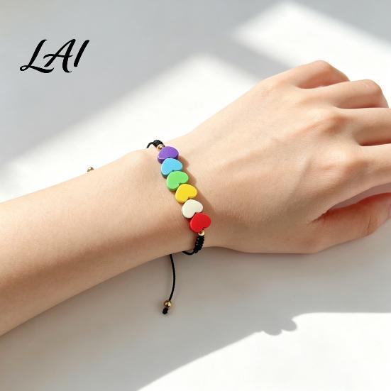 Adjustable Heart Bracelet Colorful Hearts Bracelet Handmade Braided Cord String Boho Style Woven Shaped Clay Beads Jewelry for Women Girls