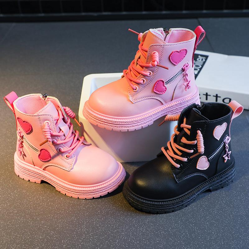 2024 New Pink Sweet Girls Short Boots Zipper PU Kids Fashion Causal Shoes Autumn Winter Versatile Soft Princess Black Child Shoe