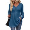 Women's Casual Fashion V-Neck Button Solid Color Long Sleeve Top
