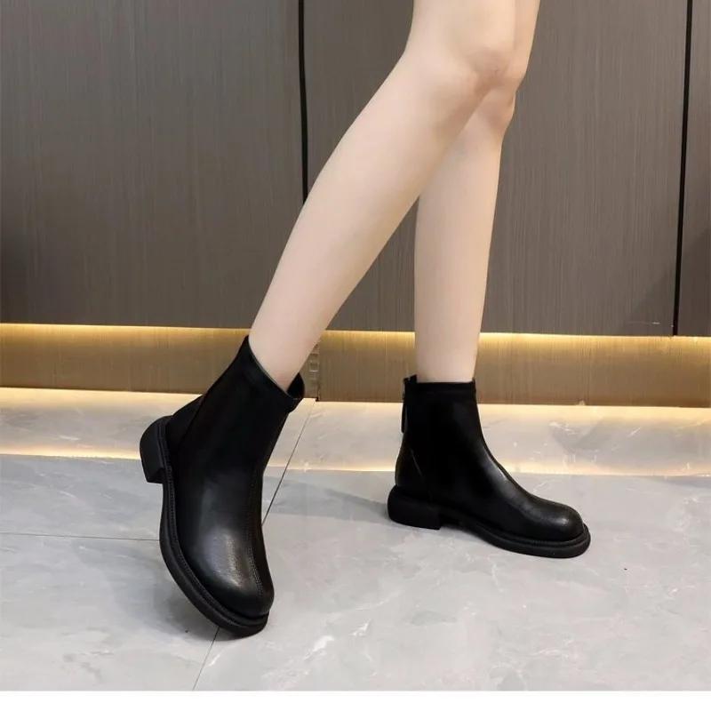 Модные женские ботильоны с круглым носком, на среднем каблуке, осенне-зимние, с плюшем/без плюша, на задней молнии, с мягкой подошвой, облегающие ботильоны, Zapatos Mujer