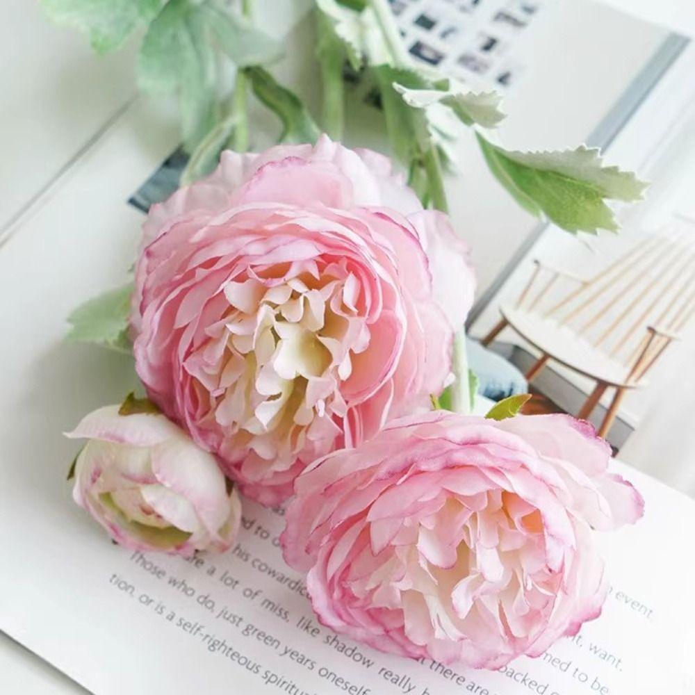 3 головки шелкового букета пионов с одной веткой, имитация цветка, новые искусственные пионы, растения