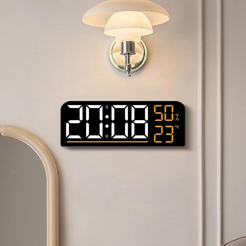 Large Screen LED Digital Wall Clock Time Temperature Humidity Display 2-Alarms Clocks Brightness Adjustable Electronic Clock