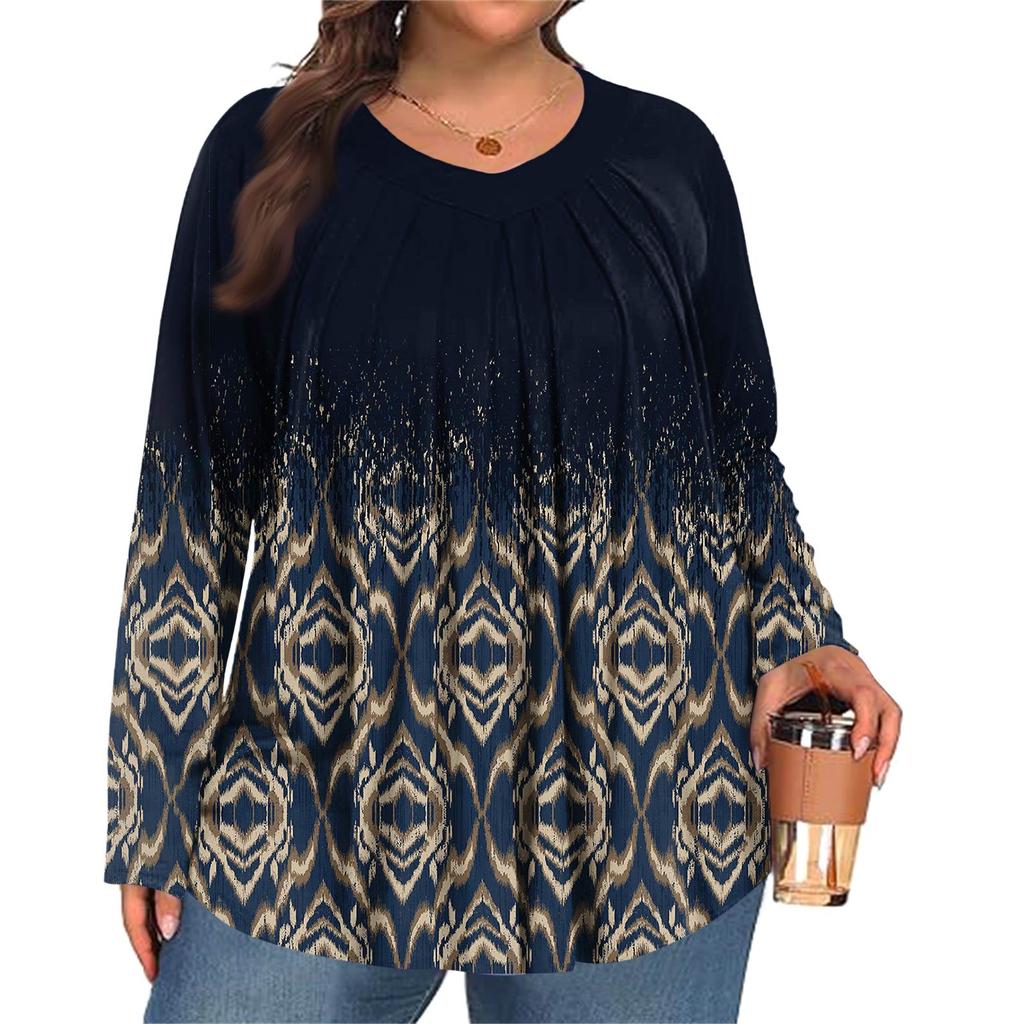 Women's Plus Size Fashion Printed Casual Pleated Round Neck Long Sleeve Top