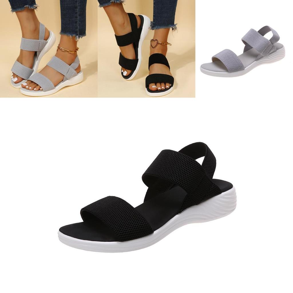Summer Large Size Women's Shoes Casual Elastic Flat Sandals With Back Strap Fly Knitted Polyurethane Characters)