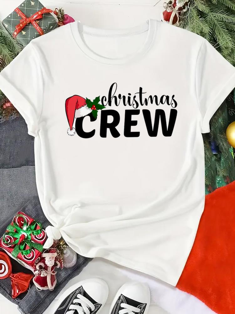 (Asian Size) Print Merry Christmas O-neck Women's Top New Year T Clothing Tree Lovely Style Cute Short Sleeve T-shirts Fashion Holiday Graphic Tee