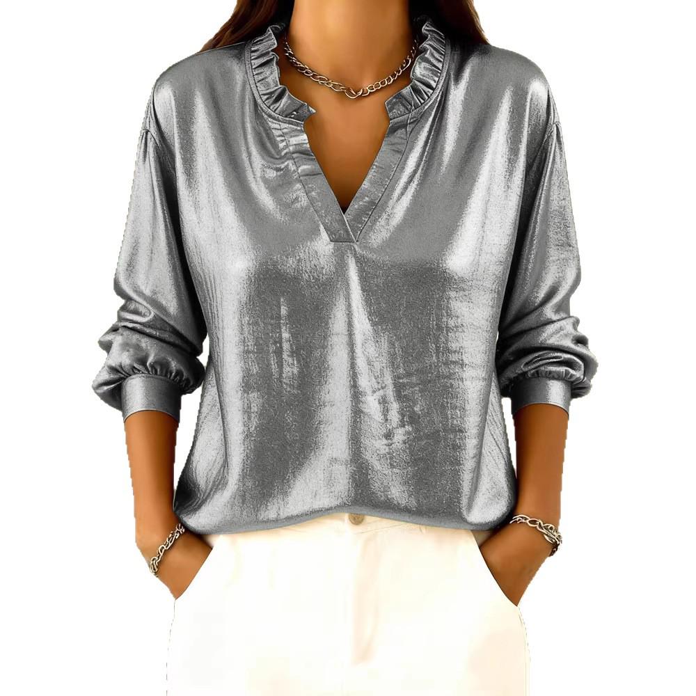 Женский топ с рюшами и воротником-стойкой, длинный рукав, европейский и американский стиль