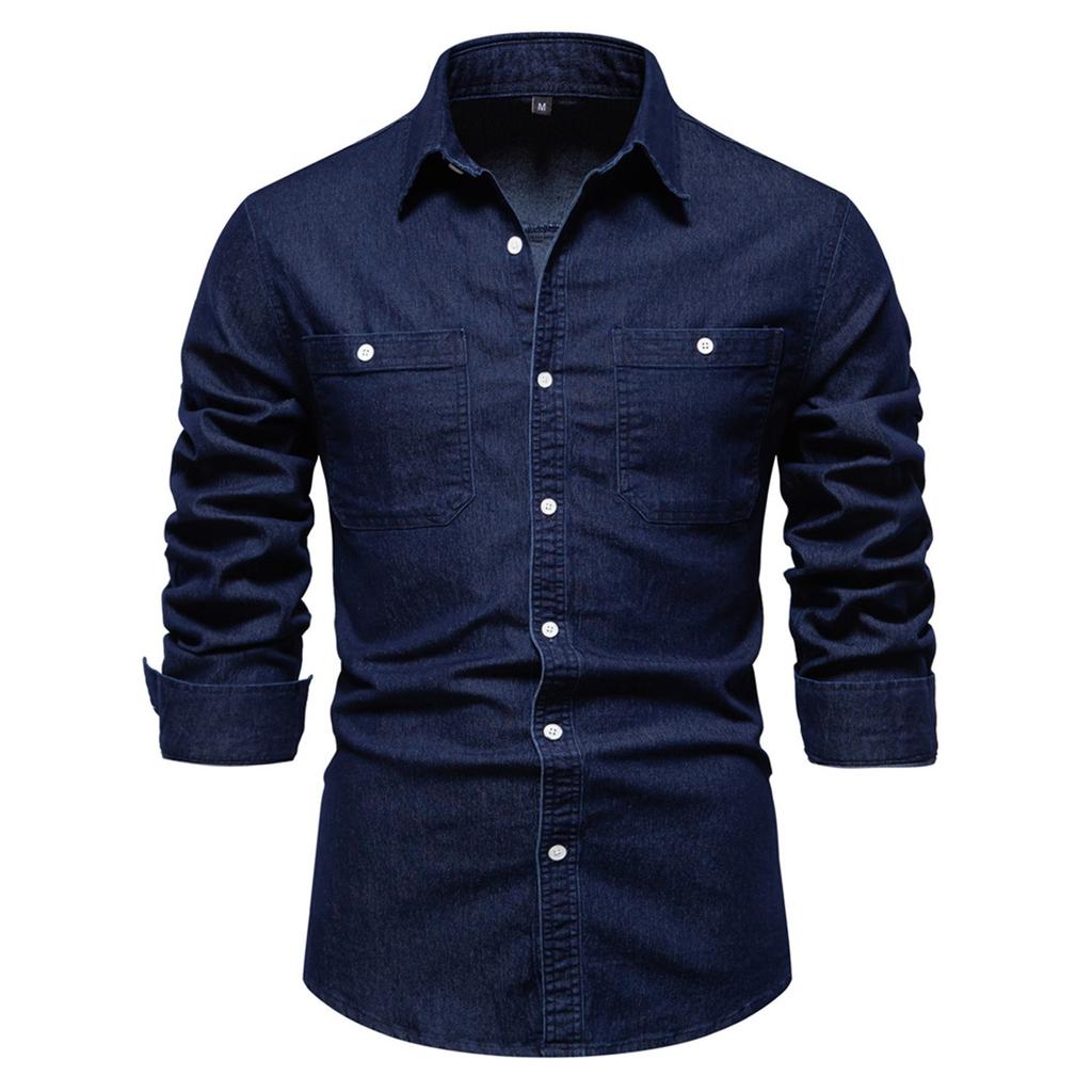Men's Lapel Solid Color Button Denim Shirt Men's Casual Pocket Long Sleeve Washed Shirt