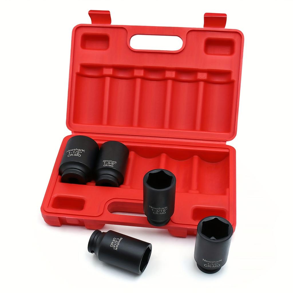 5 шт. Набор ударных головок для гаек ступицы оси с глубоким профилем, привод 1/2 дюйма, 6-гранные, SAE, CR-MO, сверхпрочный набор ударных головок с портативным кейсом