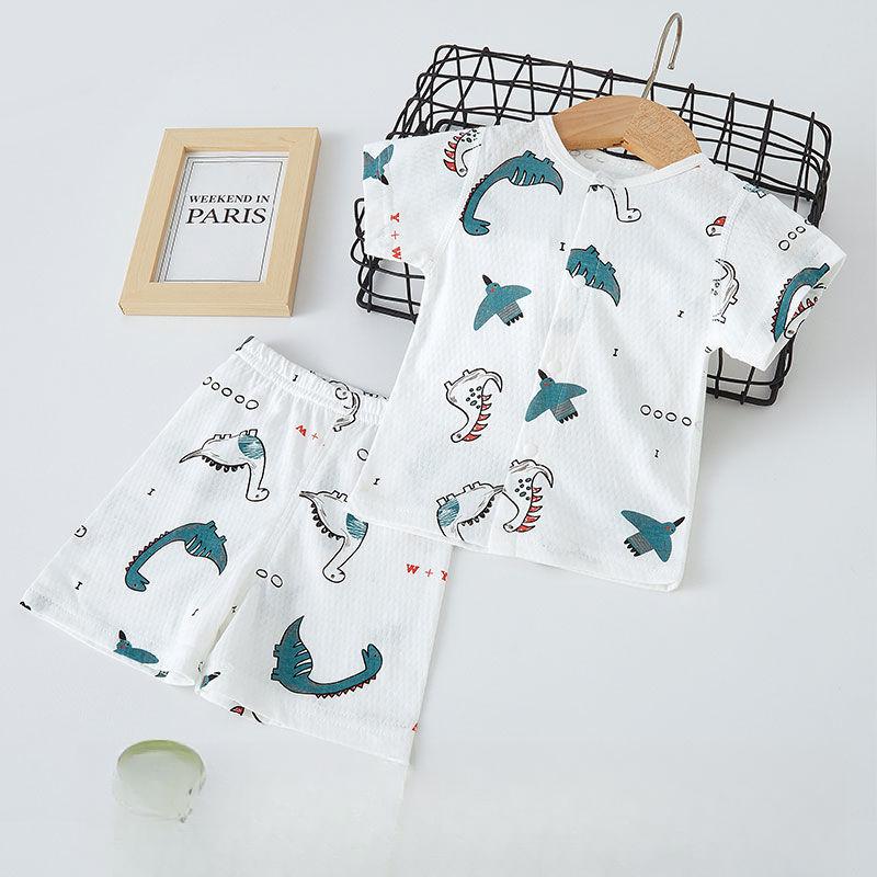 Комплект с короткими рукавами, летний тонкий детский кардиган, домашняя одежда с кондиционером, мужские и женские детские пижамы, летняя одежда