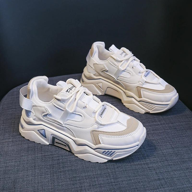 Новый стиль, дышащая, на толстой подошве, модная, спортивная и досуговая, студенческая обувь, подходящая по цвету, для женщин, кроссовки на платформе