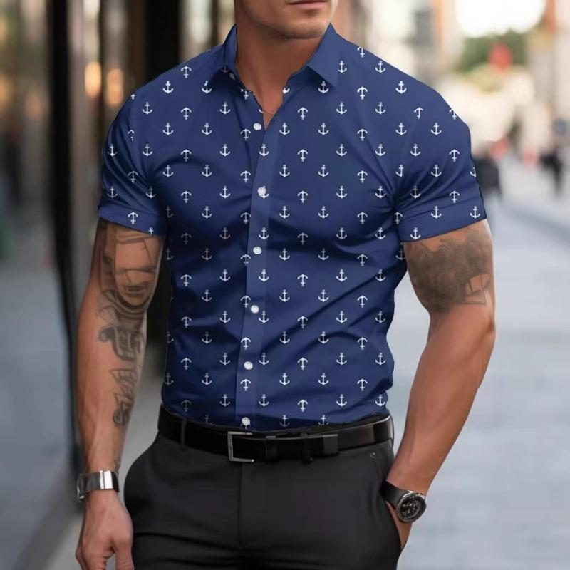 Men Anchor Print Lapel Short Sleeve Button Down Shirt