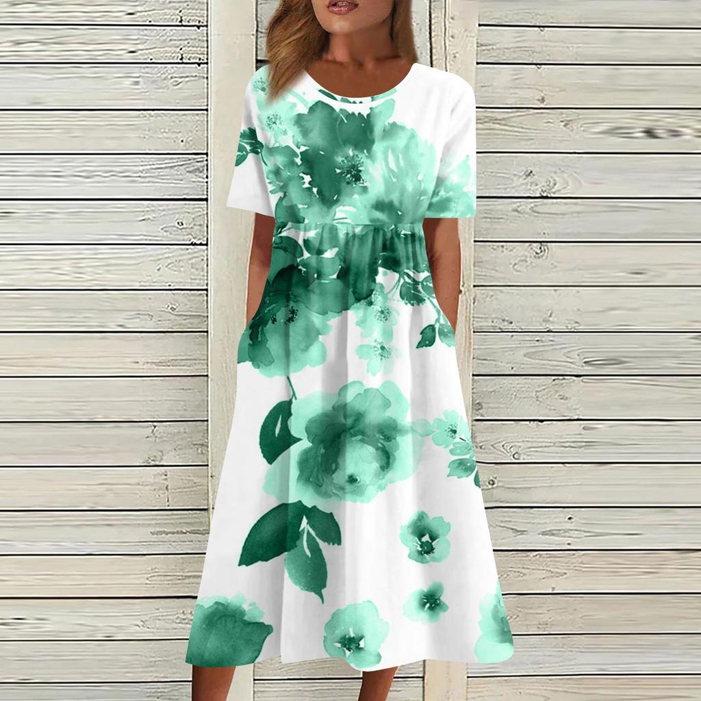 Жен. Повседневные платья Платья с принтами Летние платья С принтами Плиссированные платья-миди с круглым вырезом Классический Классический На открытом воздухе Повседневные С короткими рукавами Свободные платья