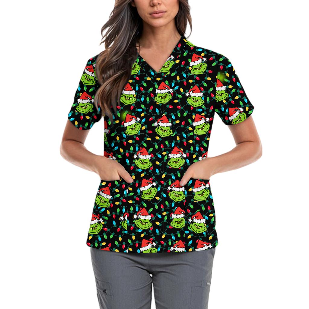 Женская милая блузка с принтом бантиков, рабочая одежда, V-образный вырез, двойной слой, карманы, базовая, с коротким рукавом, пуловер