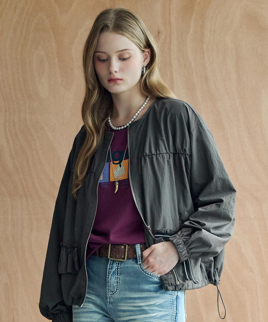 MAXZA Shirred Frill Ribbon Round Zip-Up Jumper