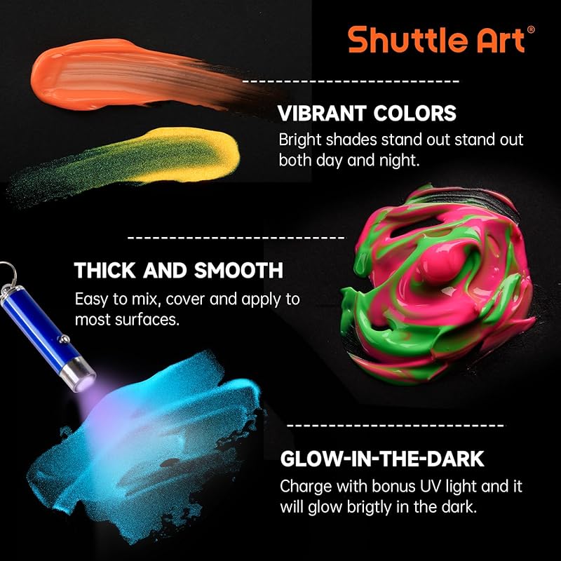 Shuttle Art acrylic paint paint that glows in the dark 12 color set 60ml With UV black light Luminous color Self-luminous neon paint for halloween