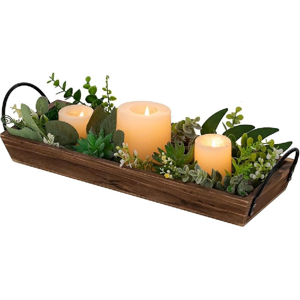 Long Narrow Wood Candle Tray: Hanobe Rustic Wooden Candle Holders Rectangular Table Centerpieces for Dining Room Farmhouse Pillar Stand with Handle