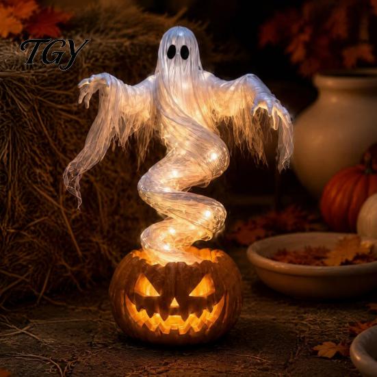 Autumn Yard Decor Halloween Swirling Ghost Pumpkin Lamp, Lighted Spooky Resin Figurine Lamps Statue, Warm LED Outdoor Decoration for Porch Garden Lawn