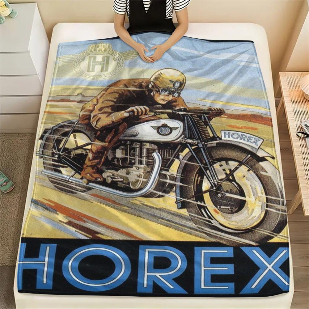 Vintage Horex Motorcycle Racer Poster Print Flannel Blanket Retro German Motorbike Art Throw Blanket Biker Bedroom Sofa Cover Mat