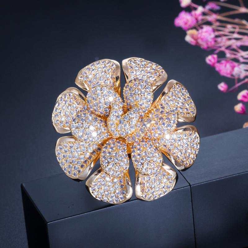 CMM Luxury Cubic Zirconia Nigerian Gold Color Statement Large Flower Finger Rings For Women Wedding Prom Jewelry