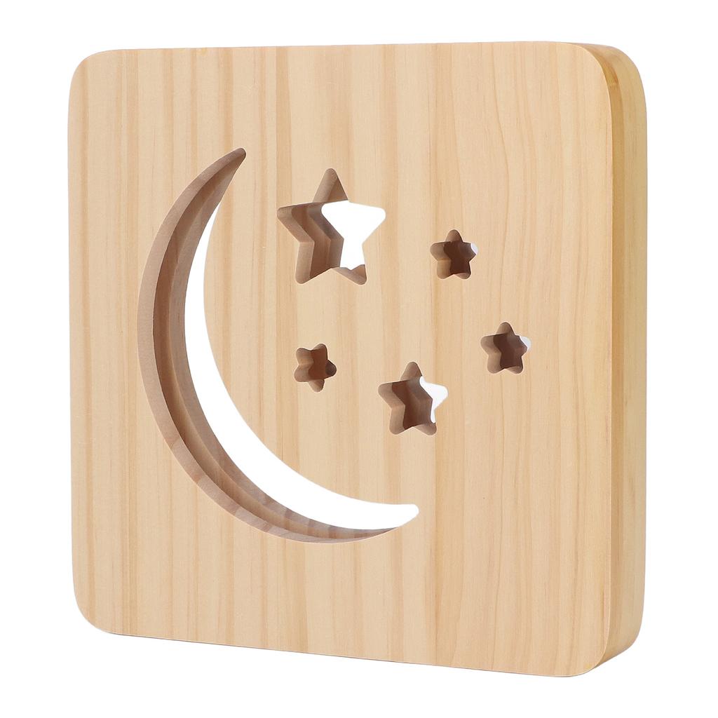 Деревянный 3D светодиодный светильник с рисунком луны и звезд, защита глаз, USB-блок питания, теплый белый ночник f