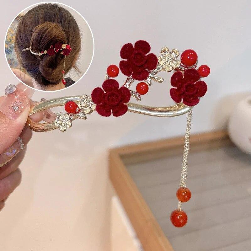 Винтажные бархатные когти для волос с красной розой для женщин, роскошные металлические зажимы, заколки для волос, заколки для волос, новые аксессуары для волос со стразами, головные уборы