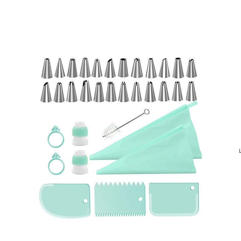 LMETJMA 34 шт. Набор кондитерских мешков и насадок 24 насадки из нержавеющей стали 2 многоразовых силиконовых кондитерских мешка 3 разглаживателя глазури 1 кисть для труб
