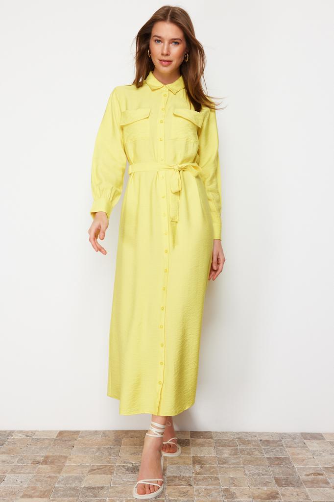 Women's Fashion New Hijab Dress Cinnamon Waist Elastic Belted Pocket Detailed Woven Dress