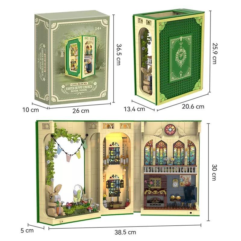 1112Pcs Bunny Easter Egg Church Building Blocks Book Nook Model With Lights, Openable Bookend Moc Kid'S Toys Easter Gift Rabbit