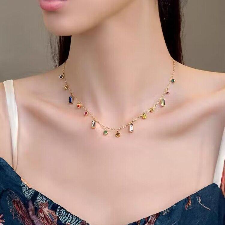 High-End Colorful Zircon Dopamine Necklace: Women's Titanium Steel European & American Style Clavicle Chain, Niche Design, Unique Personality.
