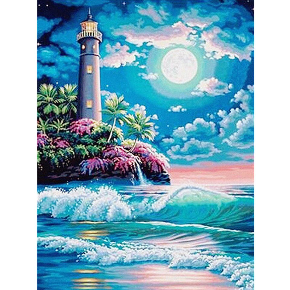 5D DIY Diamond Painting Landscape Rhinestone Cross Stitch Kit Diamond Embroidery Coastal Lighthouse Mosaic Picture Decoration