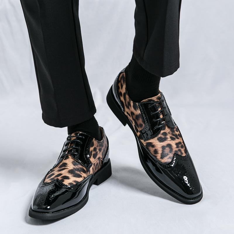 Men Big Size Leopard Print Formal Lace-Up Brogue Shoes Wedding Groom Business Dress Shoes Comfortable Leather Wedding Party Shoe