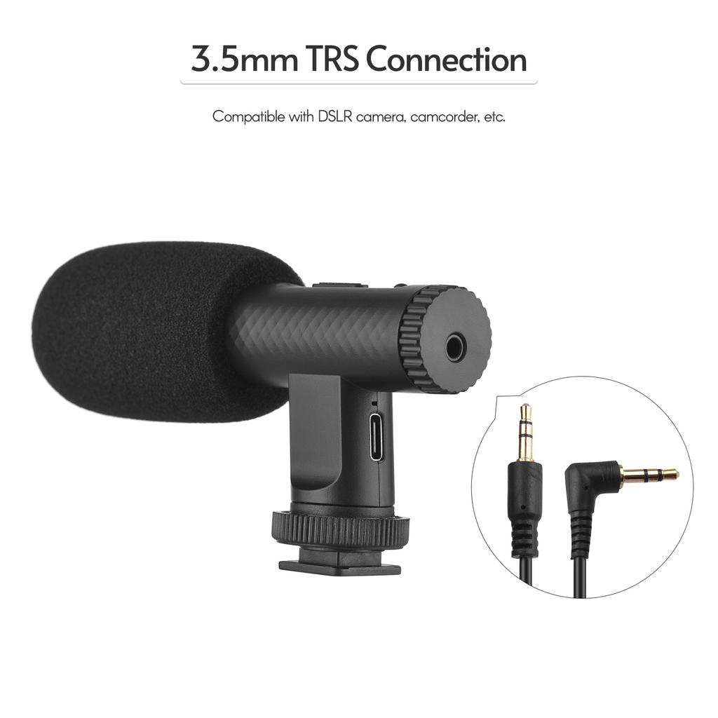 Portable Stereo Microphone Video Recording Mic 3.5mm TRS Plug Built-in Rechargeable Battery for
