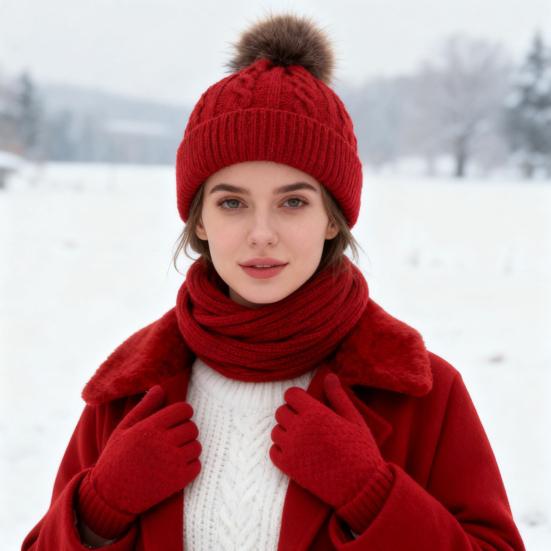 3 шт./компл. Женский зимний набор шапка, шарф, перчатки, шапка вязаная фактурой «косы», украшенная плюшевым помпоном, длинный шарф, теплый комплект перчаток