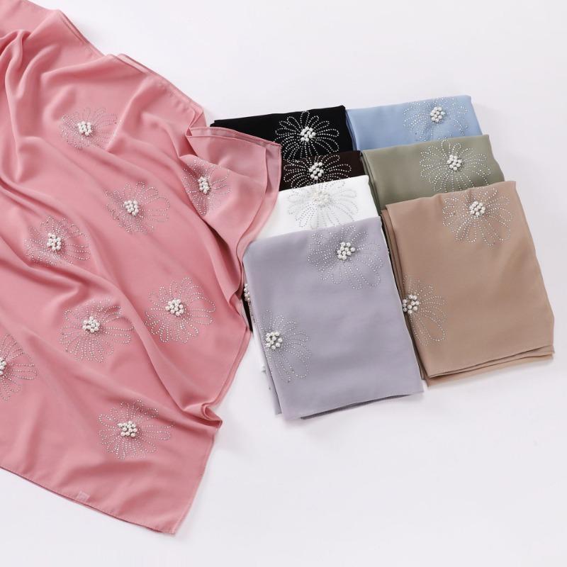 New Pearl Chiffon Flower Rhinestone Beaded Scarf For African Women