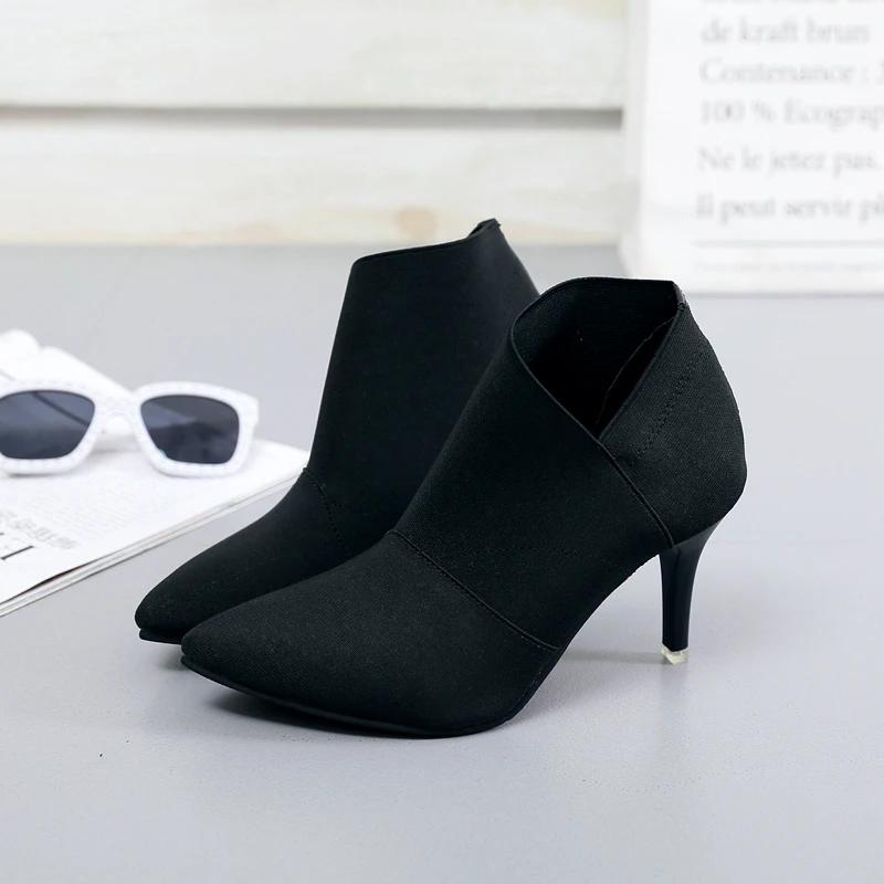 Серые Модные Женские Ботильоны на Высоком Каблуке Большого Размера 34-41 Женские Ботинки на Высоком Каблуке Молодежные Ботильоны Каблук 8,5 см Тканевые Ботинки