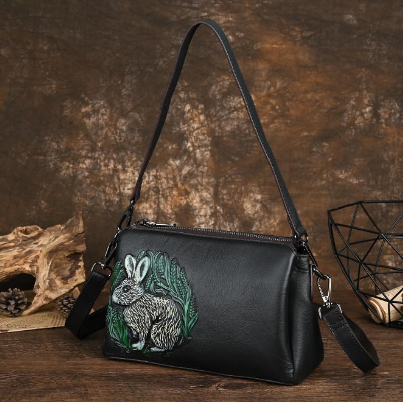 Johnature Rabbit Embossed Shoulder Bags Genuine Leather Retro Women Bag Versatile Cowhide Handmade Handbag
