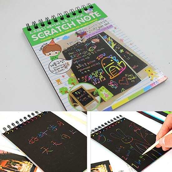 Kids Rainbow Colorful Scratch Art Kit Drawing Painting Paper Notebook with Drawing Stick Gift