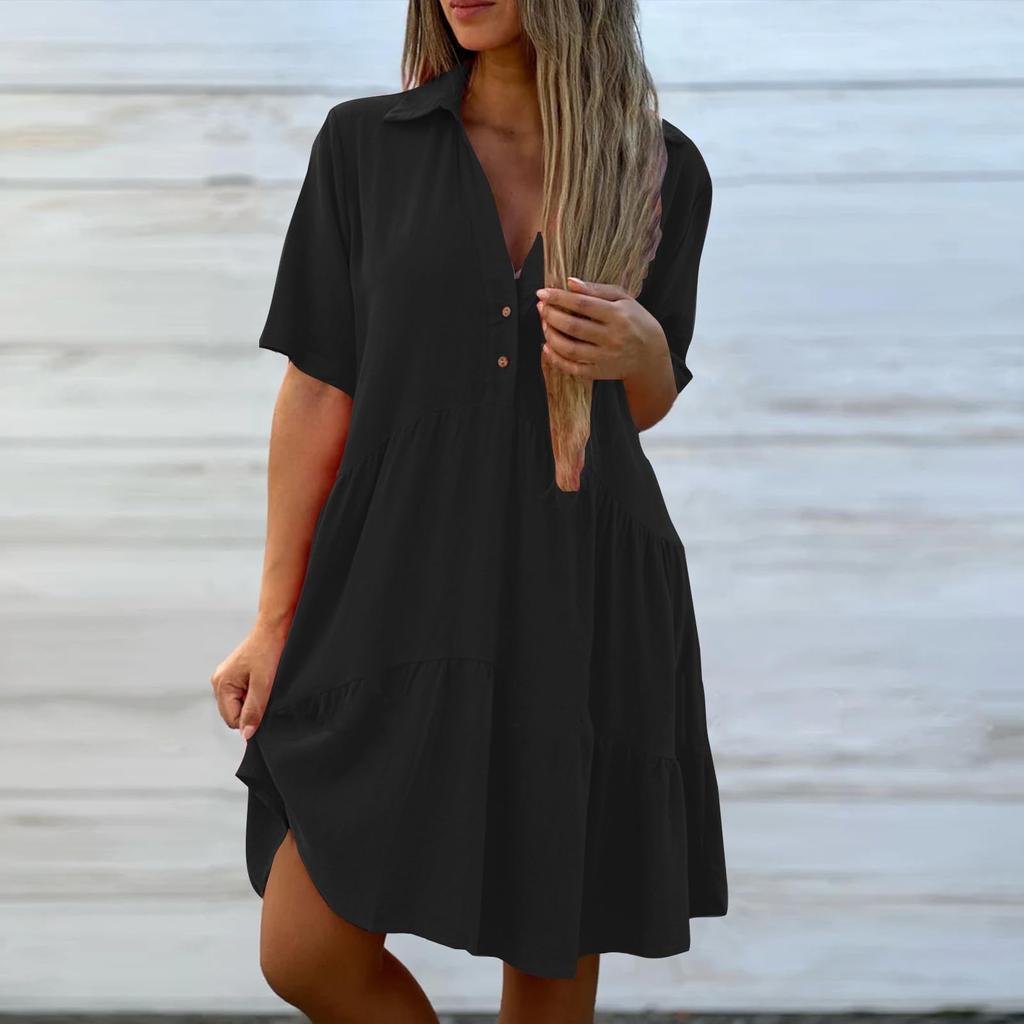 Летнее свободное сплошное цветное повседневное хлопковое льняное платье с короткими рукавами