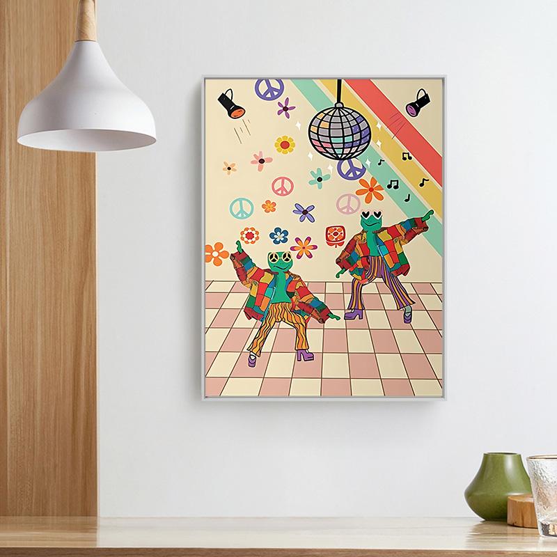 Забавная лягушка, дискотека, триповый постер, холст, картина, ретро 70 s, хиппи, диско-шар, танцующие лягушки, настенное искусство для гостиной, домашний декор