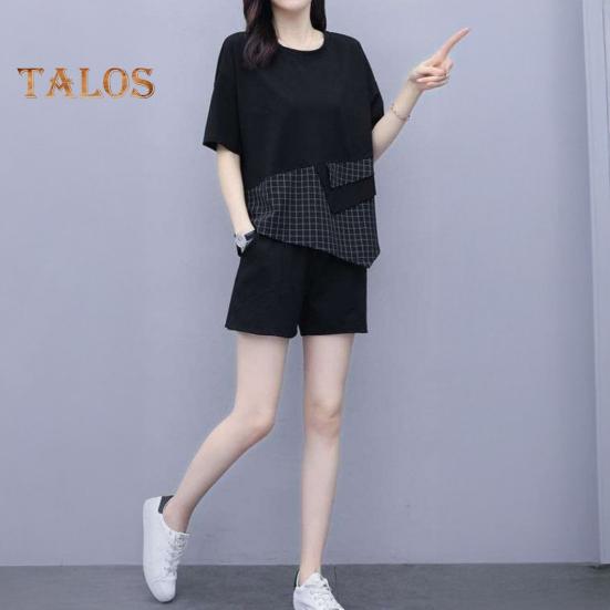 Женский летний комплект из двух предметов: свободный топ с короткими рукавами и круглым вырезом в клетку, широкие шорты, повседневный спортивный костюм для отдыха