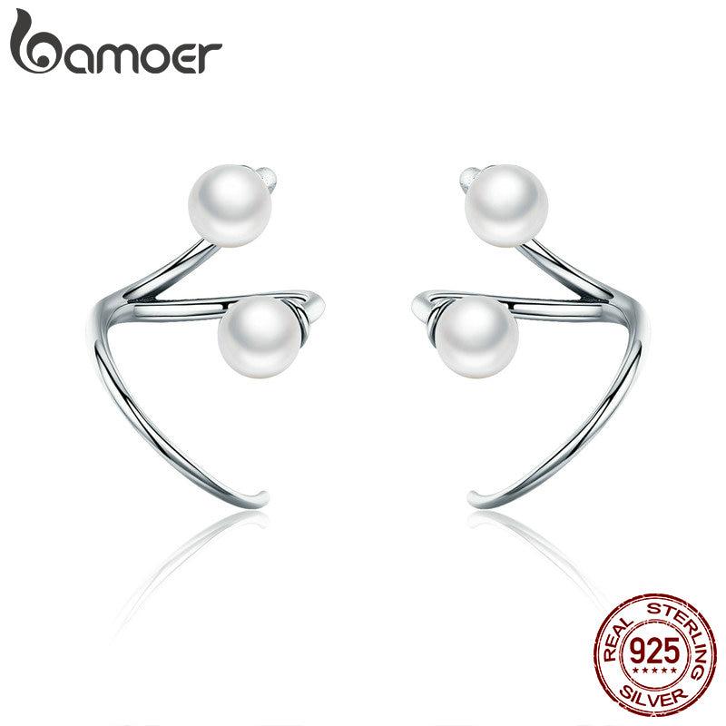 BAMOER 100% 925 Sterling Silver Earrings Elegant Imitation Pearl Stud Earrings