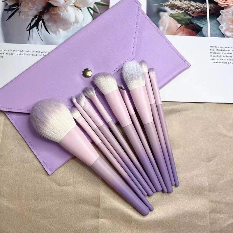 Pink-Purple Gradient Makeup Brush Set 10PCS Soft Synthetic Fiber Bristles Cruelty Free for Girls Daily Makeup Gift