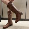 Retro Rivet Mid Calf Cowboy Boots for Women  Autumn  Chunky Heels Western Boots Woman Slip On Pointed Toe Cowgirl Boras