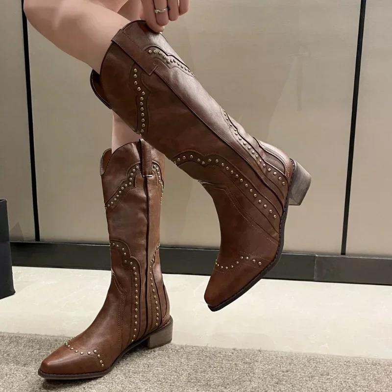 Retro Rivet Mid Calf Cowboy Boots for Women  Autumn  Chunky Heels Western Boots Woman Slip On Pointed Toe Cowgirl Boras