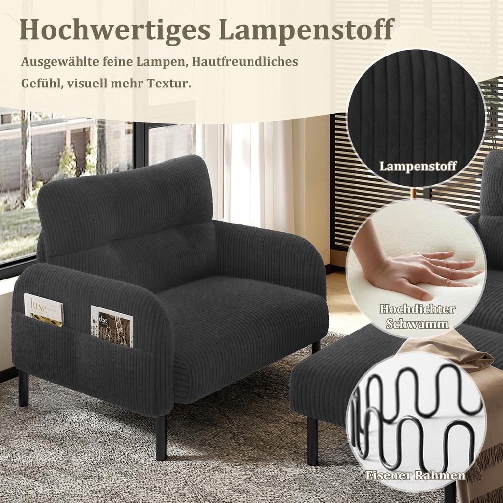 Corduroy 3-Piece Set Armchair + Stool + 2-Seater Sofa with Side Pocket Steel Frame & Backrest Deep Seat Modularly for Living Room, Grey