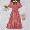 "French Retro Floral Square Neck Puff Sleeve Dress for Petite Women - High Waist, Sweet, Short Spring Style"