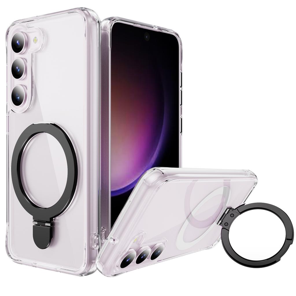 For Samsung S23 Transparent Ins Style Mobile Phone Case, Anti-yellow and Fall-resistant Folding Reinforced Magnetic Stand Mobile Phone Case