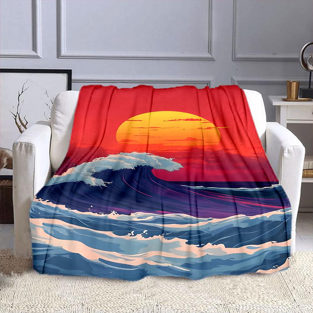 Sunset Over Ocean Waves Patterned flannel blanket perfect for the bedroom living room, sofa, or a little nap