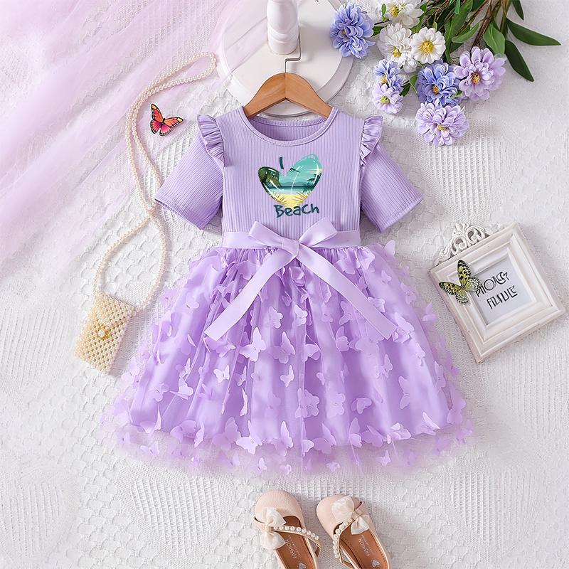 Girls Butterfly Tulle Dress, Case printing,Cute Princess Party Dress with Bow, Short Sleeve Summer Dress for Little Girls